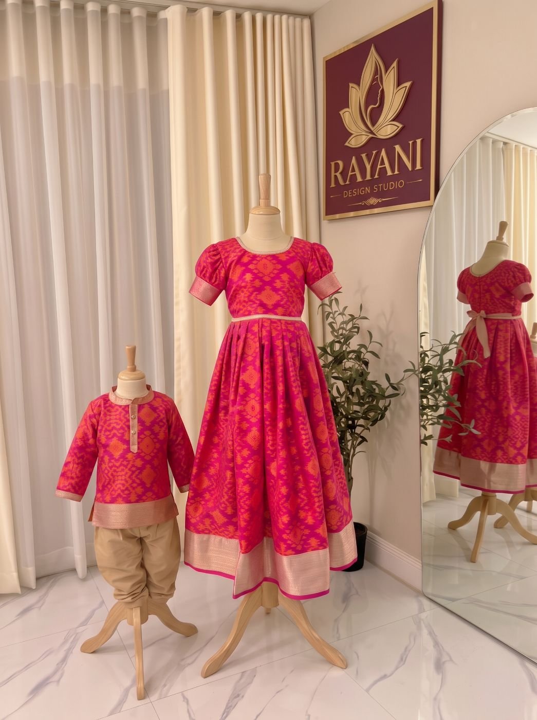 Matching pink and orange silk frock and boy's kurta set
