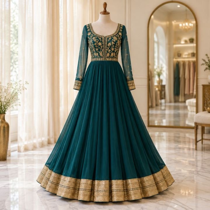 Teal floor-length anarkali dress with gold border on a dress form