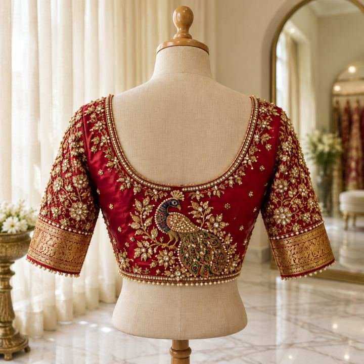 Red silk bridal blouse with gold zardosi embroidery and a peacock motif
