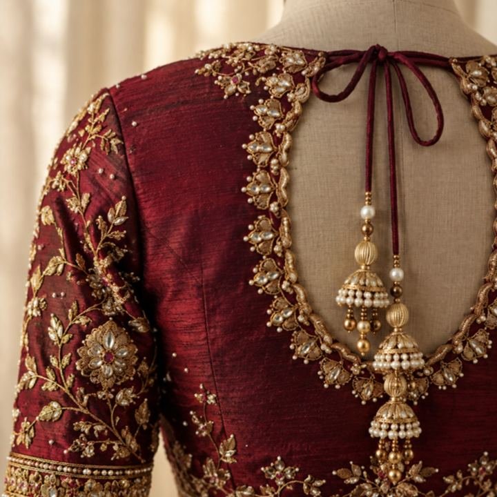 Maroon silk blouse with embroidered keyhole back