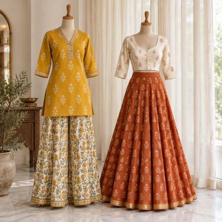 Kurti with palazzo pants and a flared skirt set