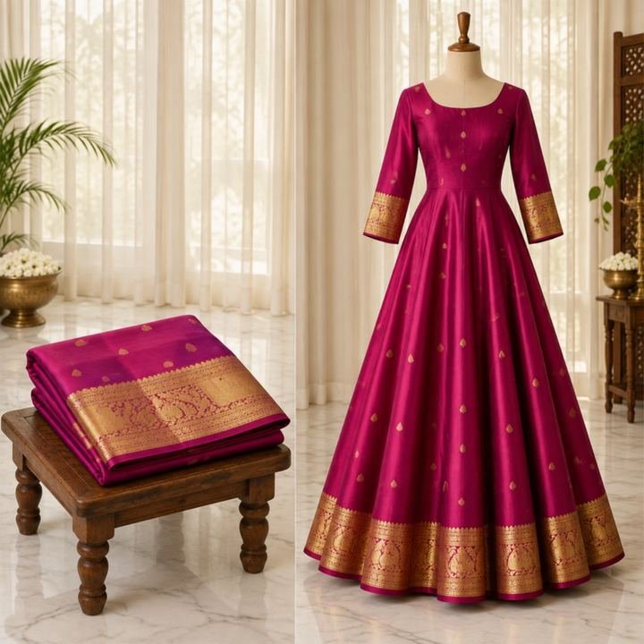 Magenta silk saree beside the anarkali made from it
